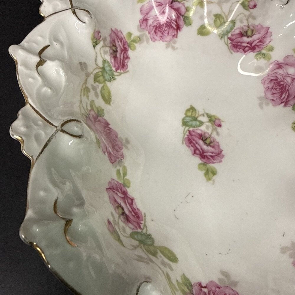 Antique MZ Austria Plate Decorative Oval Ruffle Edge Roses Gold Back Mark - Picture 15 of 16